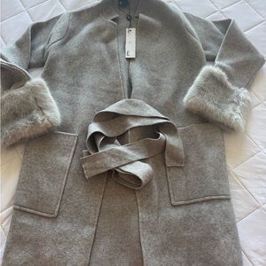 Love Token Gray Trench Coat with Faux Fur Cuffs